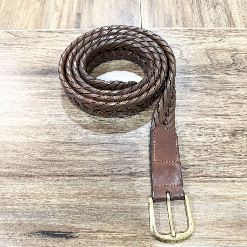 LL Bean Brown Braided Leather Belt Solid Brass Buckle Women Size Large 44 in. - Picture 3 of 3